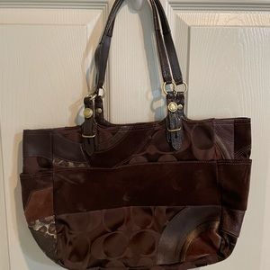 𝅺coach Ocelot Brown Patchwork East-West Tote Leather& Suede Shoulder Bag F15459